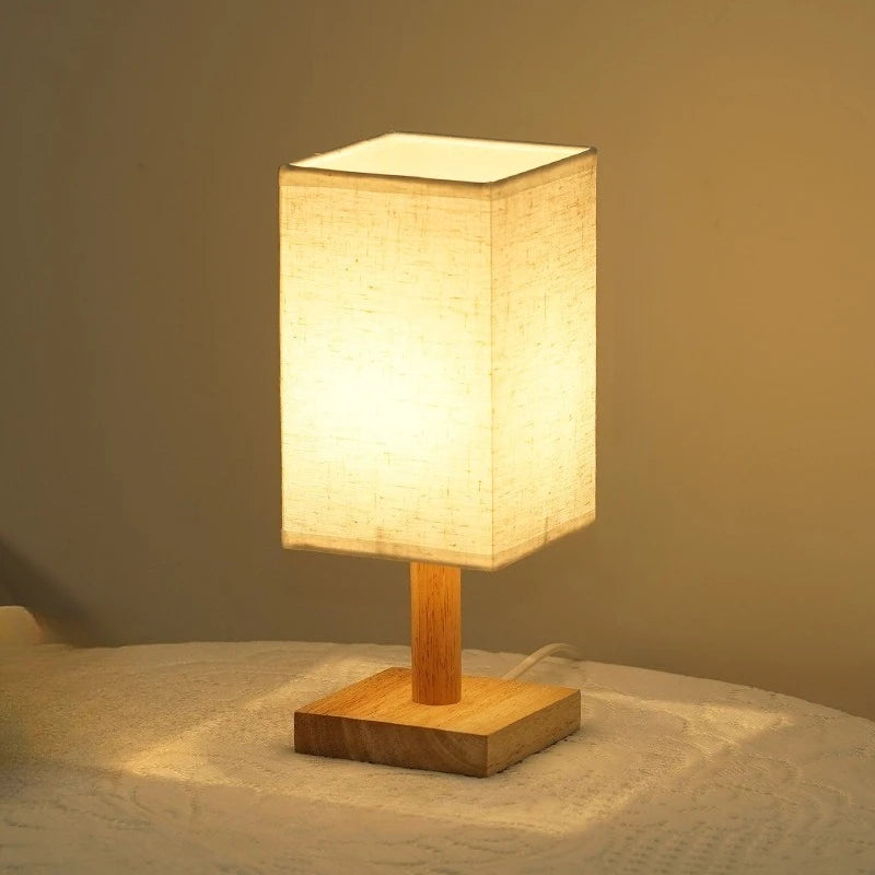 LED Simple Decorative Table Lamp Plug in Night Light Fabric Lampshade Square Chinese Style Bedside Desk Light for Bedroom Decor
