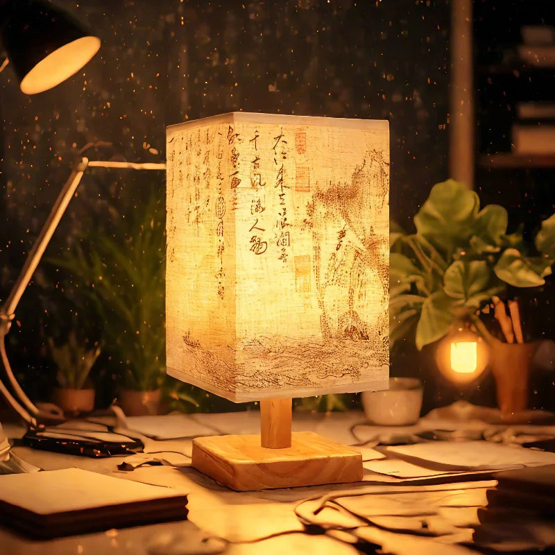 LED Simple Decorative Table Lamp Plug in Night Light Fabric Lampshade Square Chinese Style Bedside Desk Light for Bedroom Decor