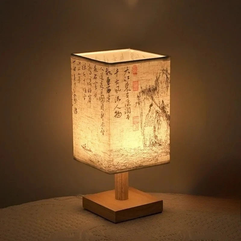 LED Simple Decorative Table Lamp Plug in Night Light Fabric Lampshade Square Chinese Style Bedside Desk Light for Bedroom Decor