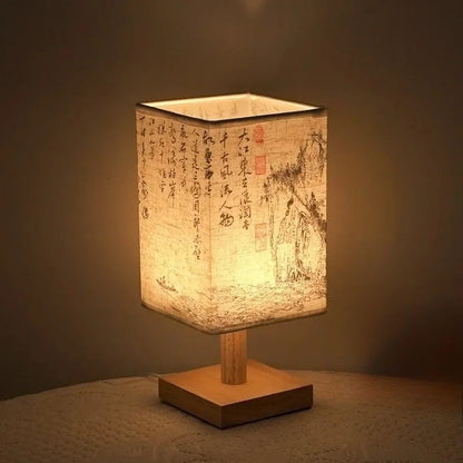 LED Simple Decorative Table Lamp Plug in Night Light Fabric Lampshade Square Chinese Style Bedside Desk Light for Bedroom Decor